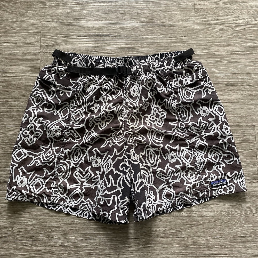 Vintage Patagonia Men's L River Shorts 5" Brown Abstract Aztec Belted Baggies